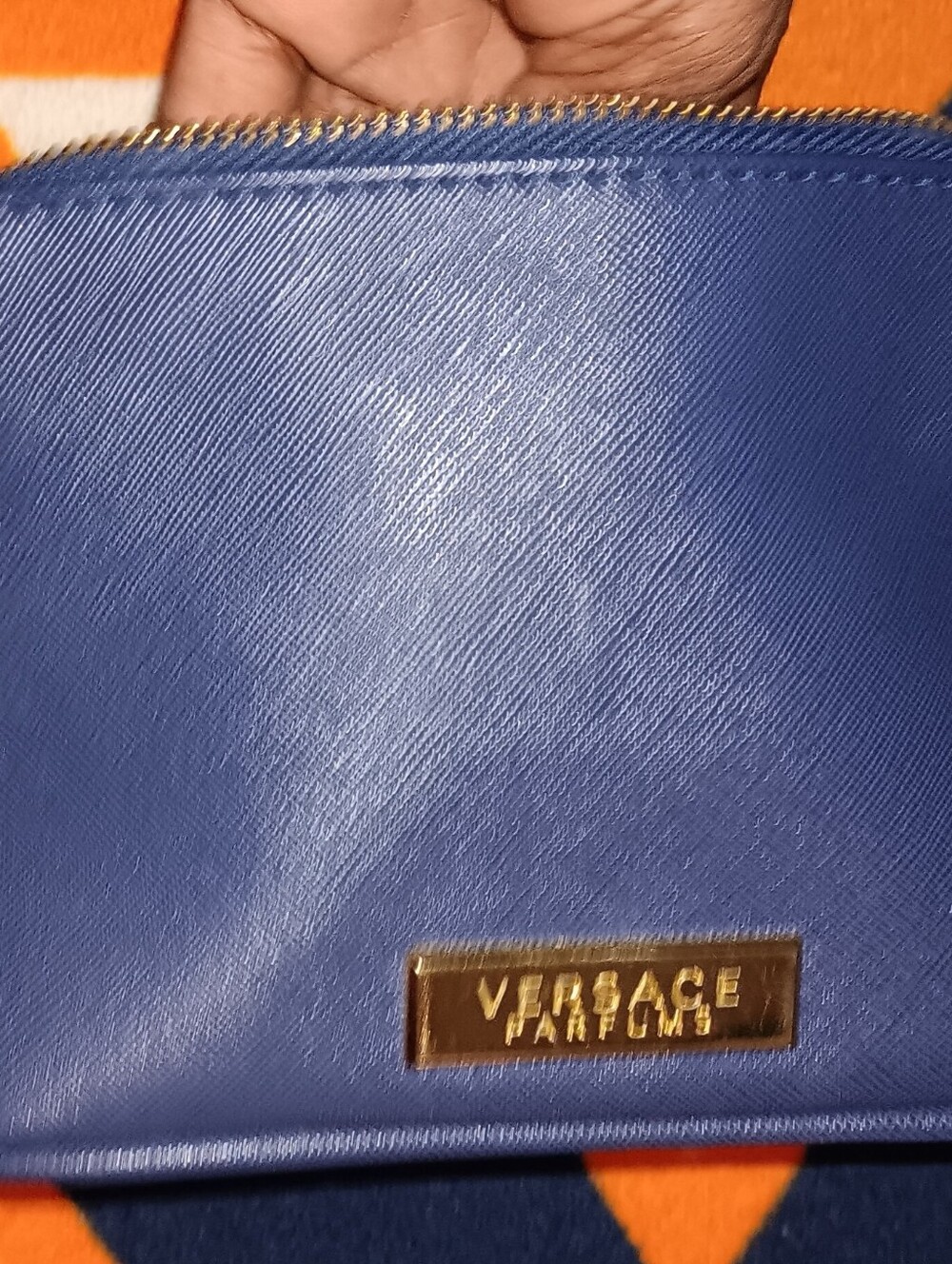 Versace Parfums Navy Saffiano Cosmetic Pouch with Gold Plaque